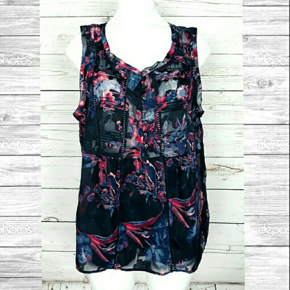 Lucky Brand Tops - Lucky Brand Navy/Pinks Floral Sheer Top